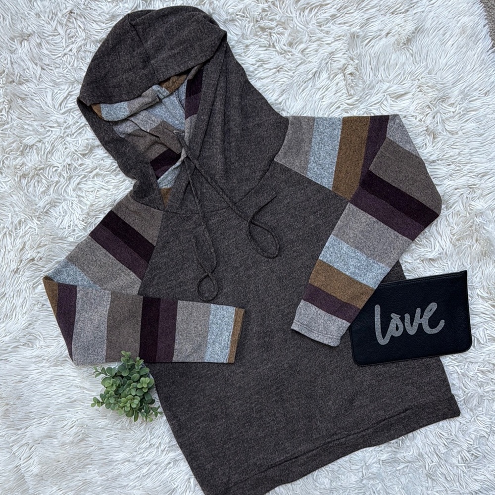 Egy California Double Hood Stripe Sleeve Top 💗 Brown Burgundy & Gray